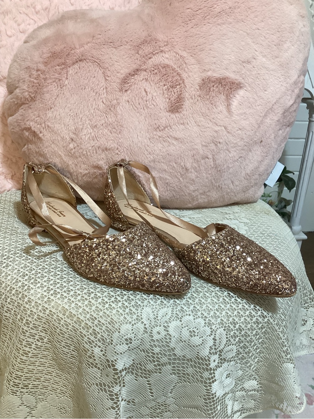 Gold Glitter Pointed Ballet Flats with Ankle Tie